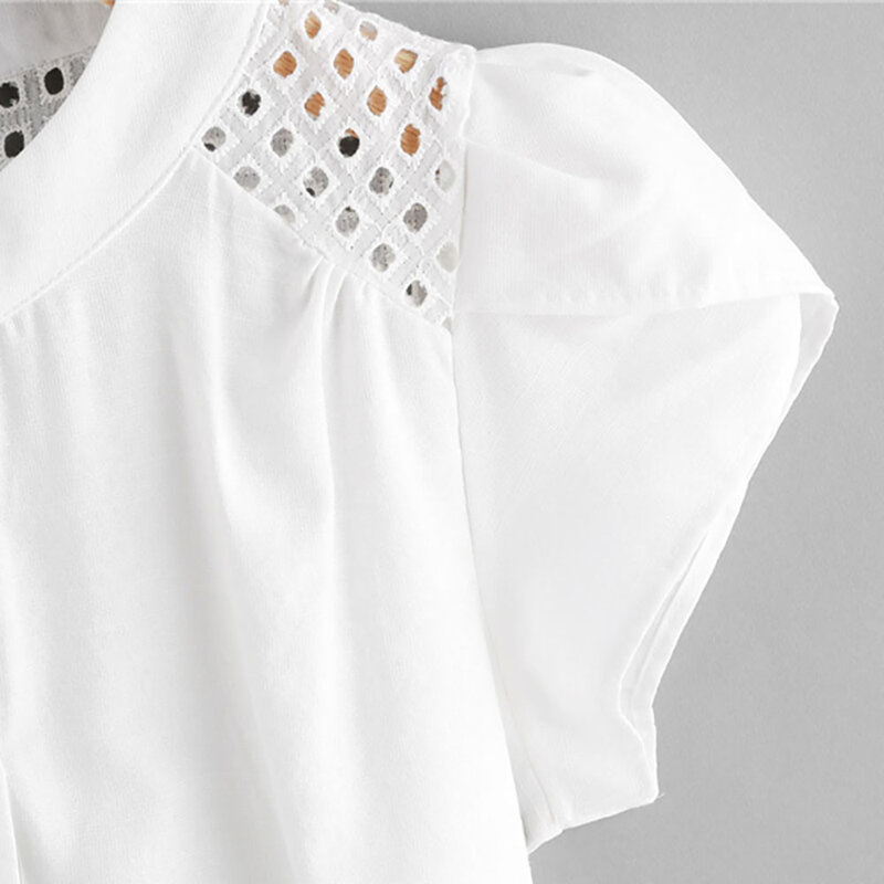 بلوزة نسائية بيضاء قميص بفتحة رقبة دائرية وأكمام قصيرة على شكل فراشة بلوزات نسائية غير رسمية بلوزات نسائية