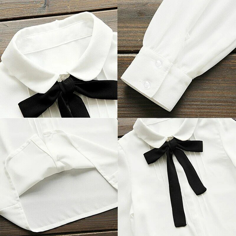 الكورية المرأة أنيقة القوس التعادل الأبيض البلوزات الشيفون عارضة قميص السيدات قمم المدرسة Blusas الإناث الملابس