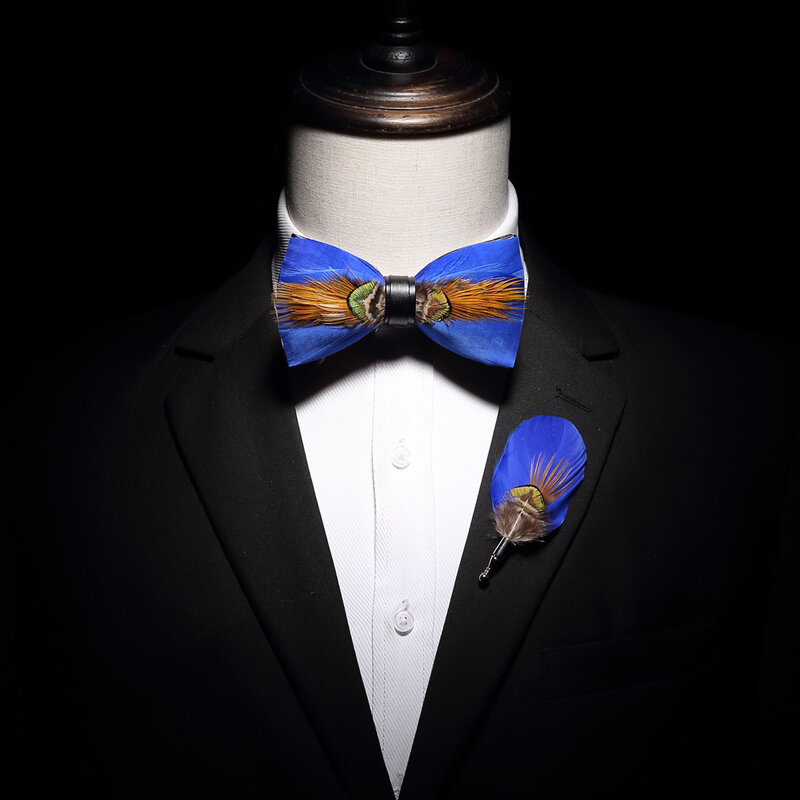 KAMBERFT-بروش رجالي مصنوع يدويًا ، ربطة عنق من الجلد ، ريش ، صناعة يدوية ، صندوق خشبي ، جودة عالية ، لحفلات الزفاف والمآدب