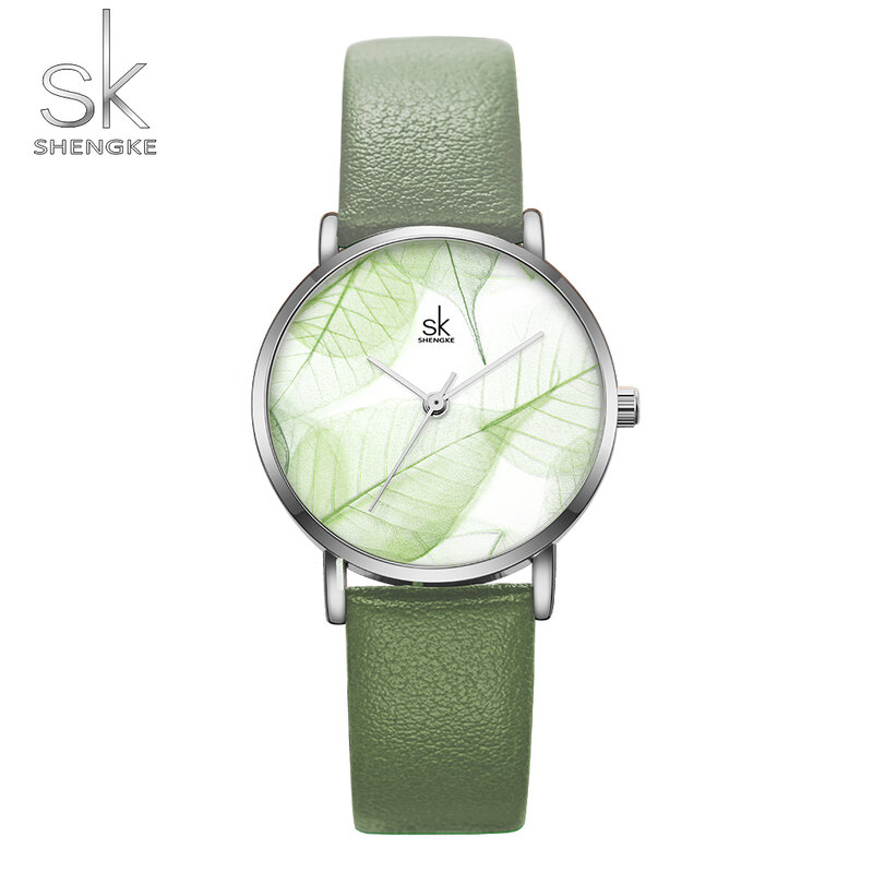 Shengke موضة جديدة ساعة نسائية ساعة السيدات الأخضر الهاتفي ساعة اليد الكوارتز اليابانية حركة هدية تصميم بسيط 3 بار مقاوم للماء
