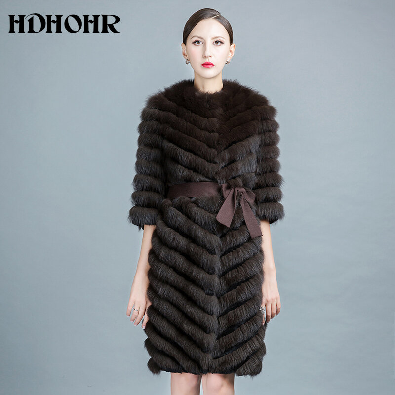 Hdohr-معطف فرو ثعلب طويل للنساء ، جاكيتات ثعلب طبيعية ، معطف فرو حقيقي مع حزام ملابس خارجية فاخرة ، موضة شتوية ، جودة عالية ،