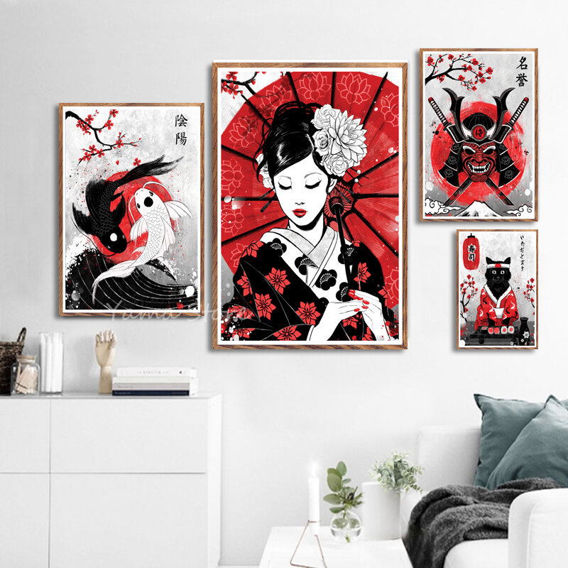 اليابان ثقافة العمل الفني الساموراي الجيشا الفن اللوحة الحرير قماش المشارك ديكور حوائط المنزل