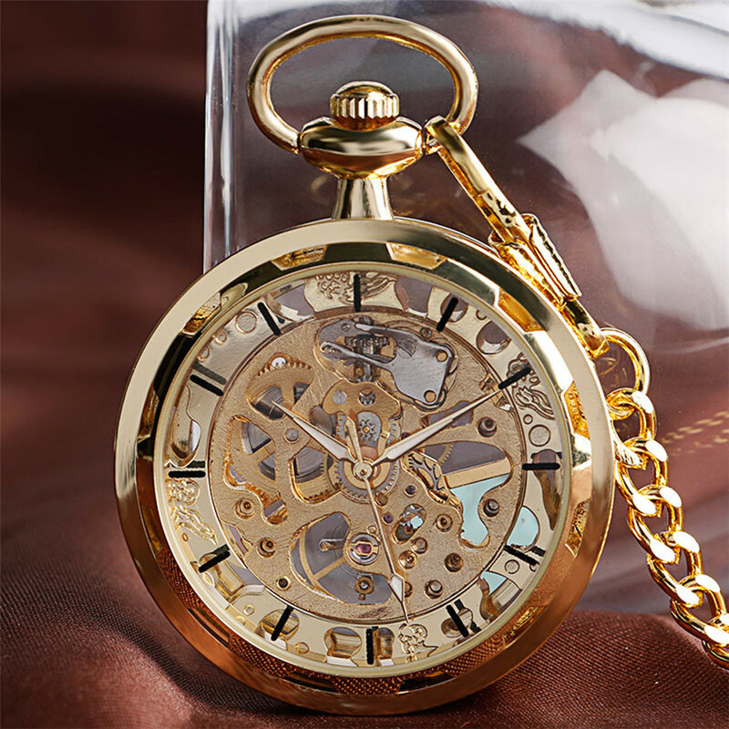 شفافة مفتوحة الوجه الجوف الهيكل العظمي الميكانيكية ساعة جيب لف اليد خمر ساعة هدية عيد ميلاد مع جيب سلسلة reloj