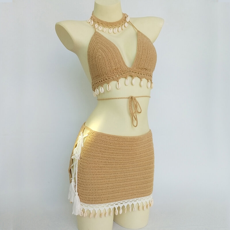 موضة 3 قطعة مجموعة البكيني امرأة شرابة الكروشيه من الدانتيل كيني فستان مثير الشاطئ تنورة صغيرة و قلادة من الصدف