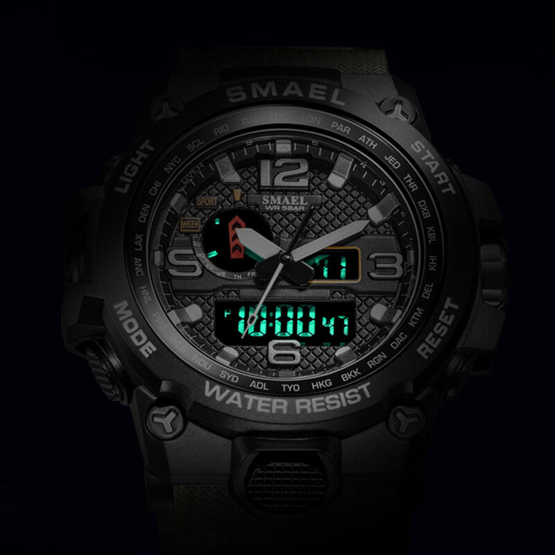 ساعات رجالية SMAEL 50 متر مقاومة للمياه ساعة منبه reloj hombre 1545D شاشة مزدوجة ساعة يد عسكرية كوارتز ساعة رياضية جديدة للرجال
