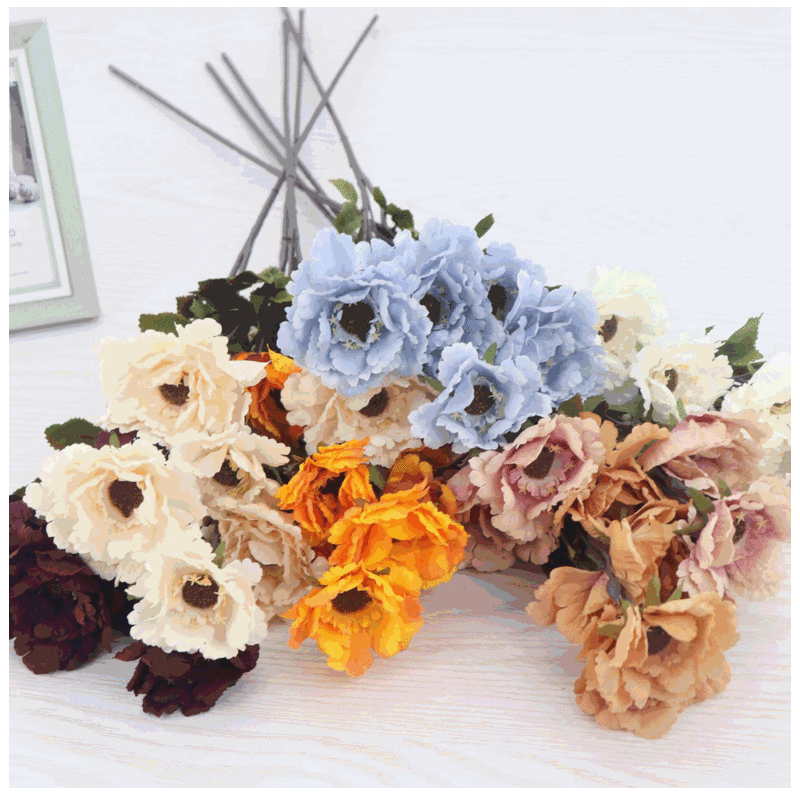 1 قطعة 6 رؤساء الفاوانيا زهور صناعية من الحرير الزفاف الممر الديكور الزهور حفلة المنزل الأزهار