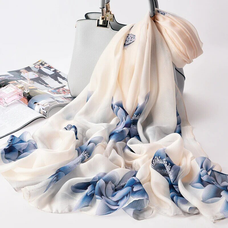 طويل الحرير وشاح للرقبة المرأة الصينية نمط المطبوعة شالات و يلتف الحرير الطبيعي فولارد فام Bufanda كبير الحجاب 110X190CM