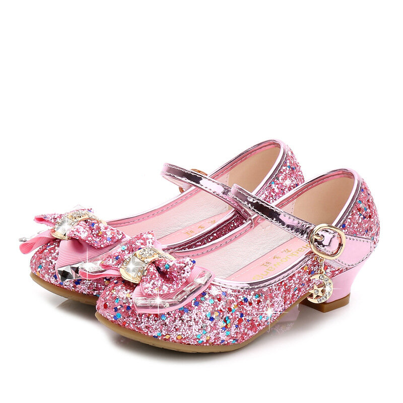 الأميرة الاطفال أحذية من الجلد للفتيات زهرة عارضة بريق الأطفال أحذية عالية الكعب الفتيات فراشة عقدة الأزرق الوردي الفضة