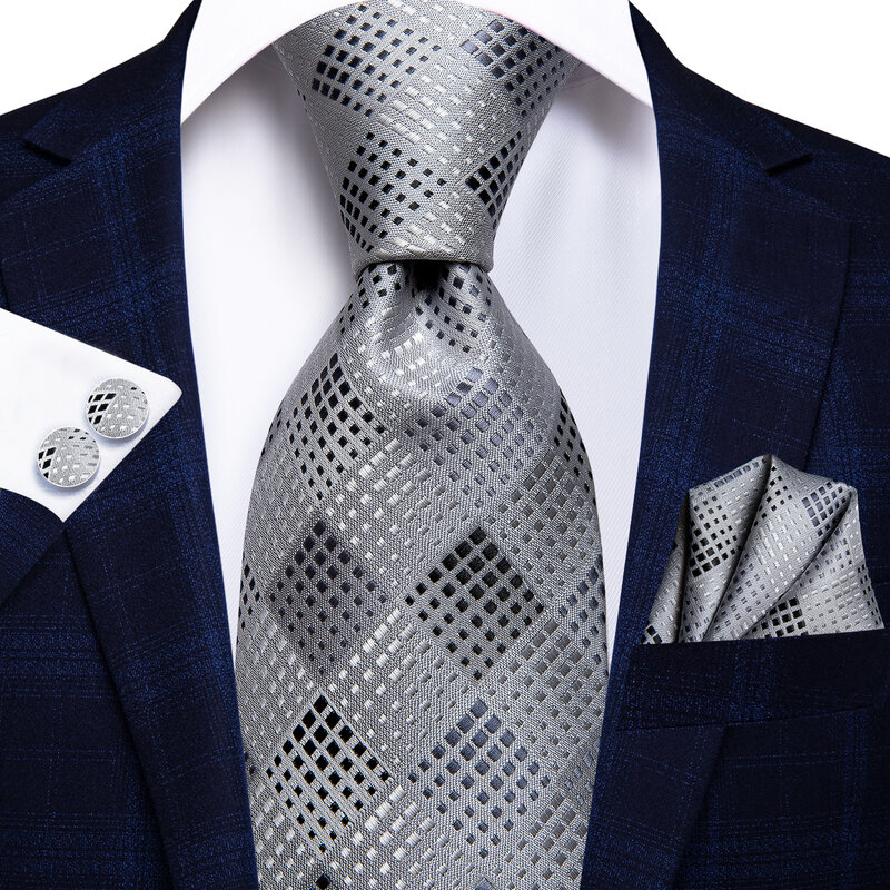 Hi-Tie-ربطة عنق فضية فاخرة للرجال ، ربطة عنق من الحرير ، أزرار أكمام من المنديل ، تصميم عصري ، خدمة دروبشيبينغ