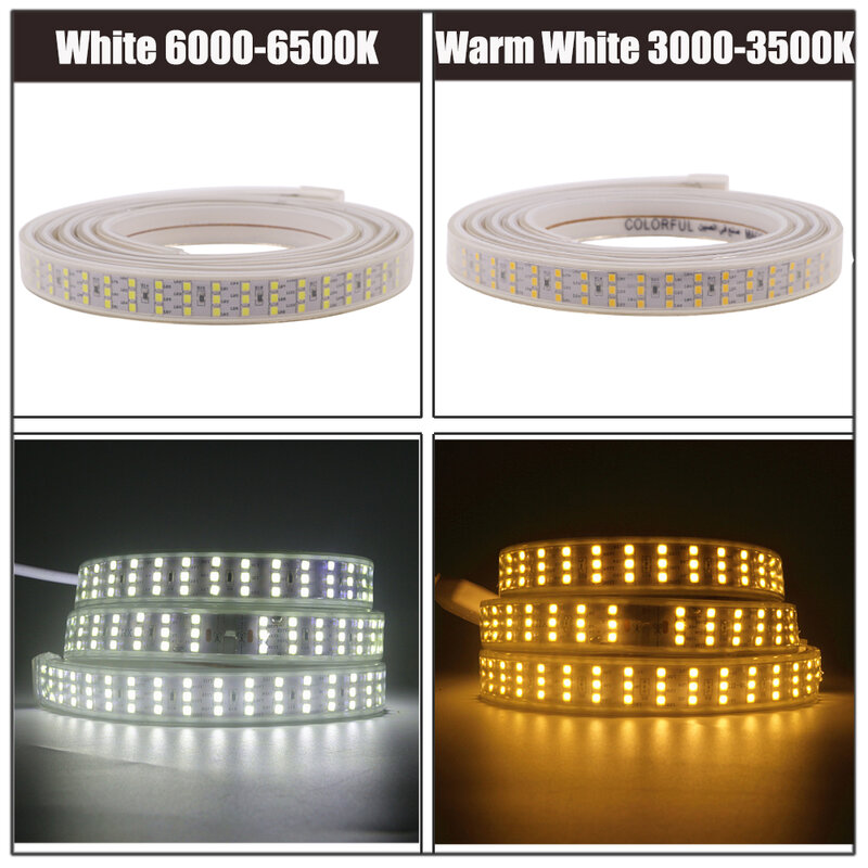 شريط إضاءة LED ثلاثي صفوف 220 فولت 2835 ، 276Led/م ، شريط إضاءة مقاوم للماء ومرن مع مفتاح الاتحاد الأوروبي ، للديكور المنزلي والعطلات