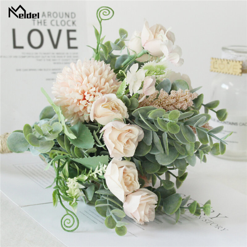 Meldel-باقة من الورود الاصطناعية من الحرير الصناعي ، والزهور ، وديكور الزفاف ، للعروس ، والأوكالبتوس على طراز الغابة