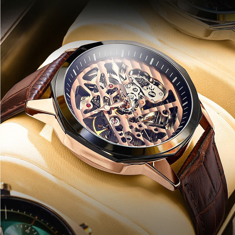 ساعة ميكانيكية آلية بهيكل عظمي من AILANG للرجال ، ساعات رياضية ، حزام جلدي ، علامة تجارية فاخرة ، أزياء