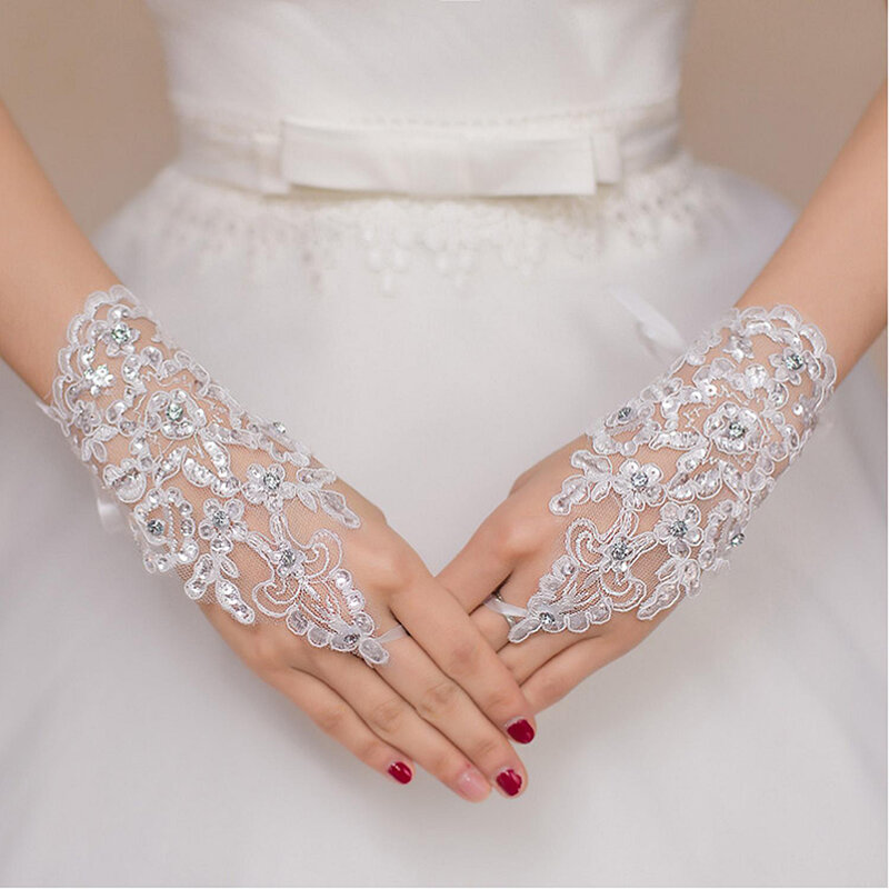 قفازات زفاف أنيقة ، قصيرة ، دانتيل أبيض ، أحجار الراين ، بدون أصابع ، للنساء ، إكسسوارات الزفاف