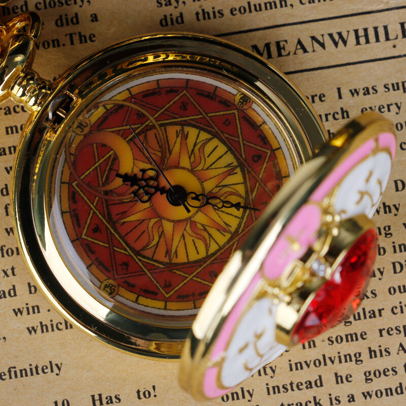 الأحمر ساكورا الرسوم المتحركة تأثيري ساعة جيب فوب سلسلة قلادة الجيب ساعات هدايا للبنات Ladie تذكارية