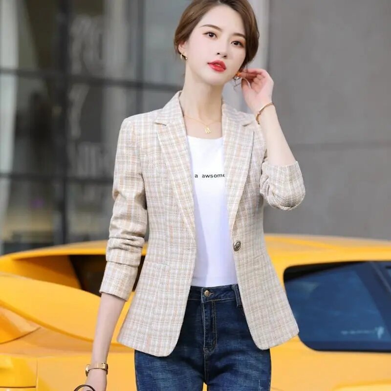 منقوشة قصيرة السترة سترة المرأة قصيرة ضئيلة معطف 2021 ربيع الخريف جديد الكورية نمط بدلة صغيرة المرأة السترة سترة المشمش 32