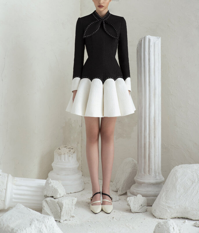 خياط متجر فستان أسود صغير أسود أبيض منتفخ الإناث فستان فاخر فساتين شبه رسمية فستان الأميرة فستان أسود أبيض