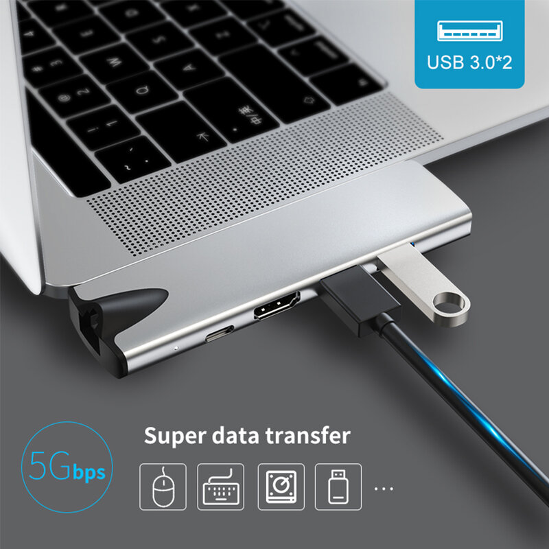 محول USB 3.1 Type-C Hub إلى RJ45 HDMI 4K Thunderbolt 3 ، محور USB C مع Hub 3.0 TF SD ، فتحة قارئ PD لجهاز MacBook Pro/Air