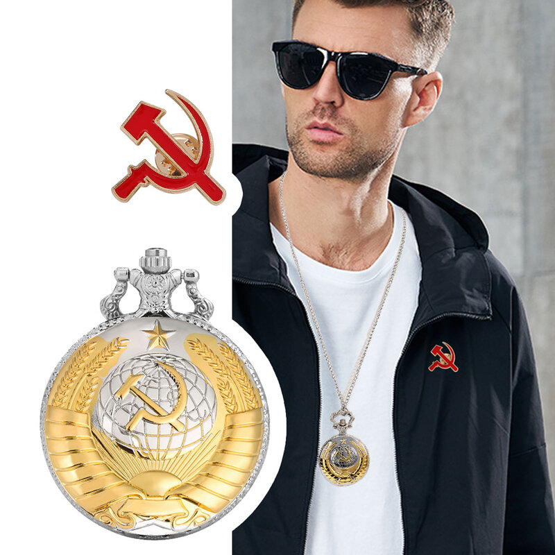CCCP ساعة الجيب مجموعة الرجال الرجعية الكوارتز الاتحاد السوفياتي ساعة النساء الشيوعي الاتحاد السوفياتي ساعة شارة قلادة سلسلة هدية صندوق مجوهرات