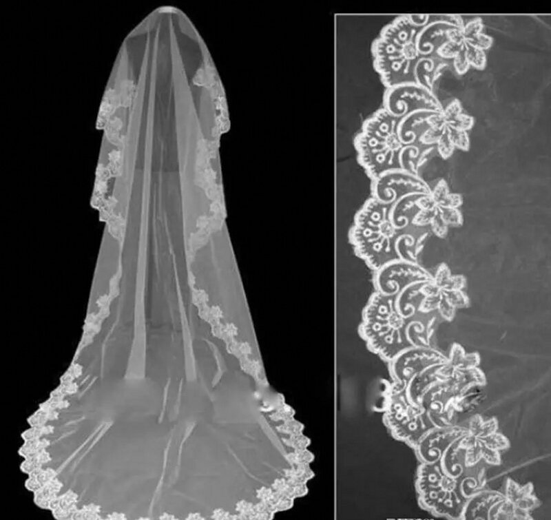 طبقة واحدة دانتيل حافة زينة طول الكاتدرائية أبيض عاجي طويل حجاب الزفاف اكسسوارات الزفاف