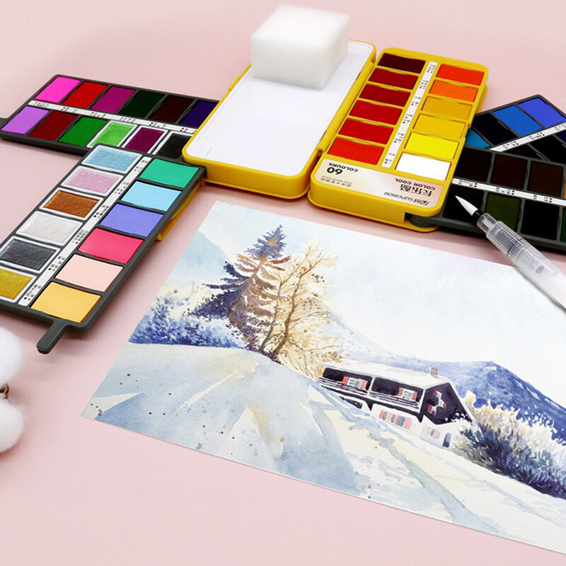 مجموعة ألوان مائية مع فرشاة مائية ، 36/48/60 لون ، قلم قابل للطي ، محمول ، صبغة لؤلؤية ، مستلزمات فنية