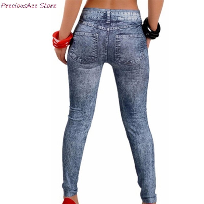 سراويل جينز نسائية ضيقة من قماش الدنيم مع بنطال رهيف جيب مزيف للنساء للياقة البدنية باللون الأزرق والأسود