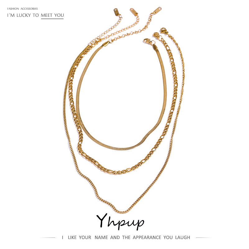 Yhpup الفولاذ المقاوم للصدأ سلسلة الطبقات قلادة فصل مجموعة للنساء بيان ذهبي معدني مقاوم للماء طوق قلادة مجوهرات