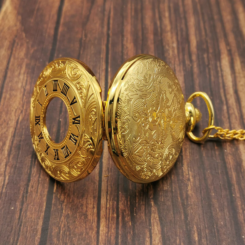 الكلاسيكية خمر الذهب ساعة جيب كوارتز سلسلة الأرقام الرومانية للجنسين الجوف حالة خمر قلادة قلادة النساء الرجال الهدايا