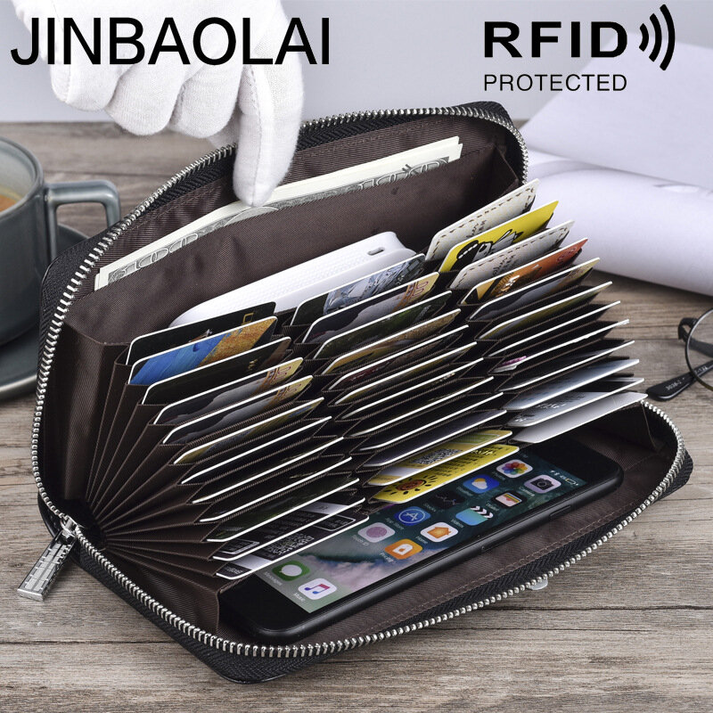 Jinbaolai سعة كبيرة طويلة محفظة الائتمان تتفاعل متعددة الوظائف الرجال والنساء متعدد بطاقة الجهاز جلد طبيعي حافظة للبطاقات المحفظة