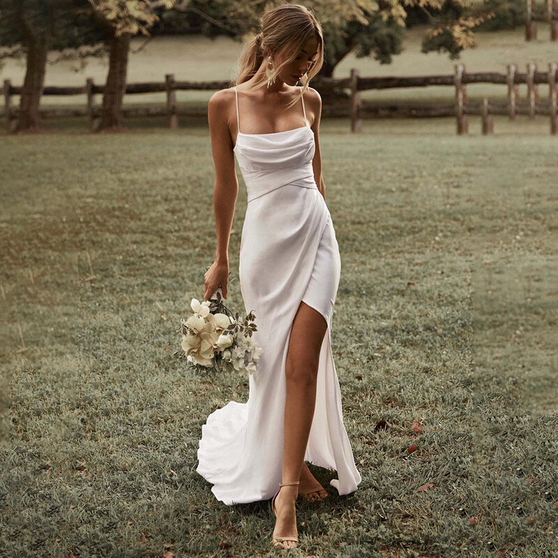 فستان زفاف حورية البحر من Drem-بوهيمي ، أحزمة سباغيتي بسيطة ، فستان بوهو مثير ، فتحة عالية ، فساتين زفاف بدون ظهر