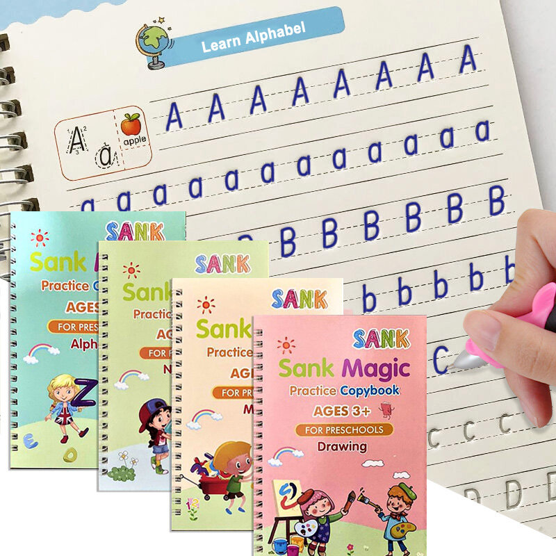 4 كتب قابلة لإعادة الاستخدام كتاب للخط تعلم الأبجدية اللوحة الحساب الرياضيات الأطفال الكتابة اليدوية ممارسة كتب ألعاب الأطفال