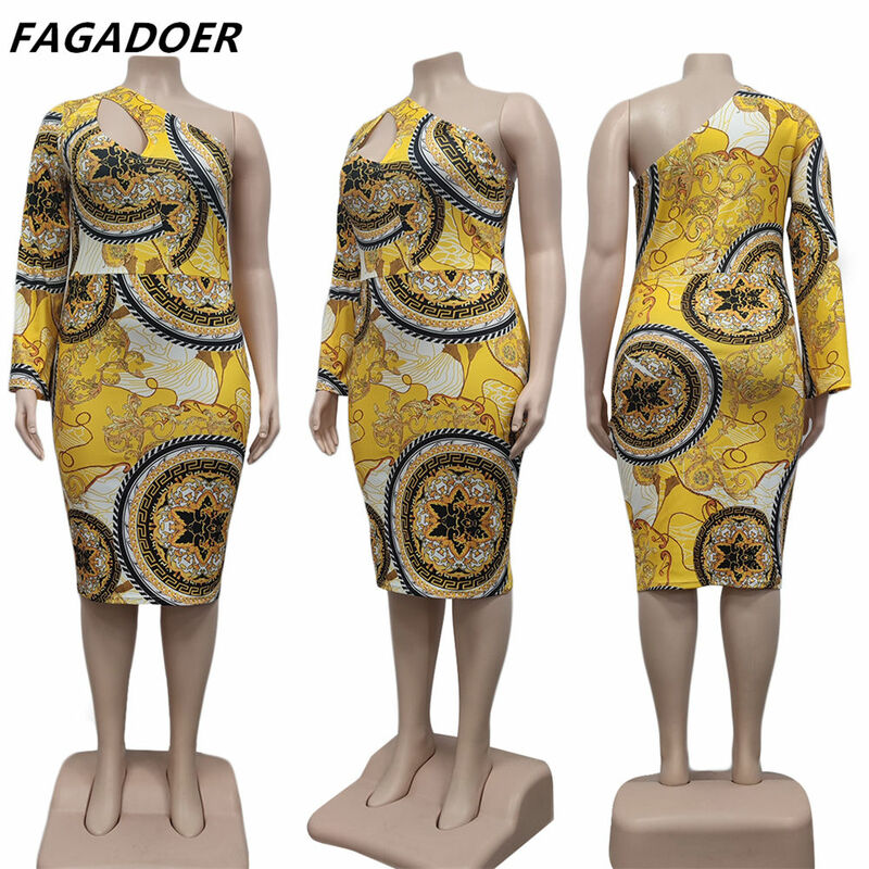 FAGADOER حجم كبير Bodycon فستان المرأة XL-5XL الصيف أنيقة الرجعية طباعة فساتين متوسطة الطول مثير واحد الكتف الجوف خارج Vestidos