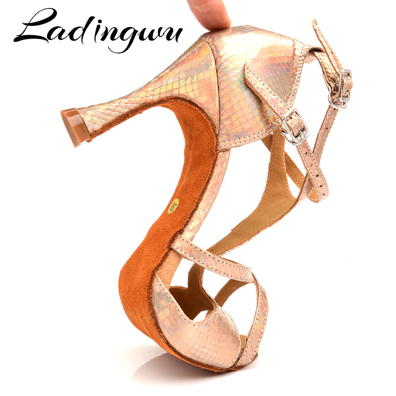 Ladingwu-أحذية رقص لاتينية للنساء ، باهتة ، ملمس ثعبان ، ذهبي ، سالسا ، كعب كوبي 9 سنتيمتر ، تانغو احترافي