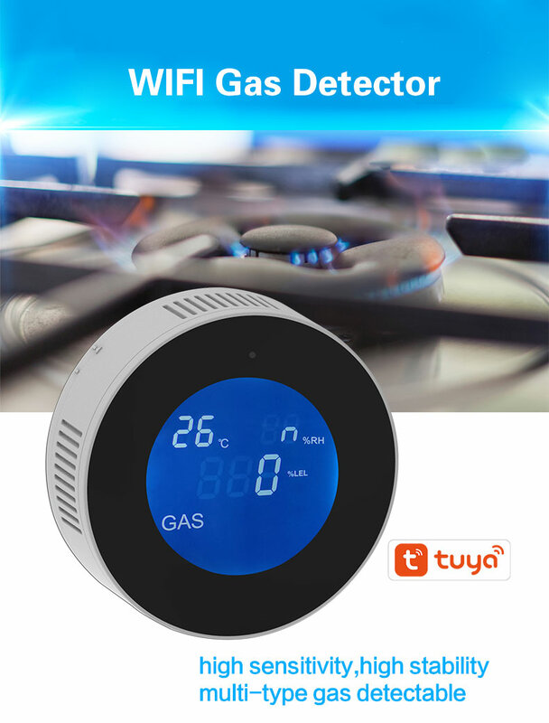 PGST Tuya WiFi الذكية تسرب الغاز الطبيعي كاشف إنذار رصد الرقمية LCD درجة الحرارة عرض الغاز الاستشعار للمطبخ المنزل