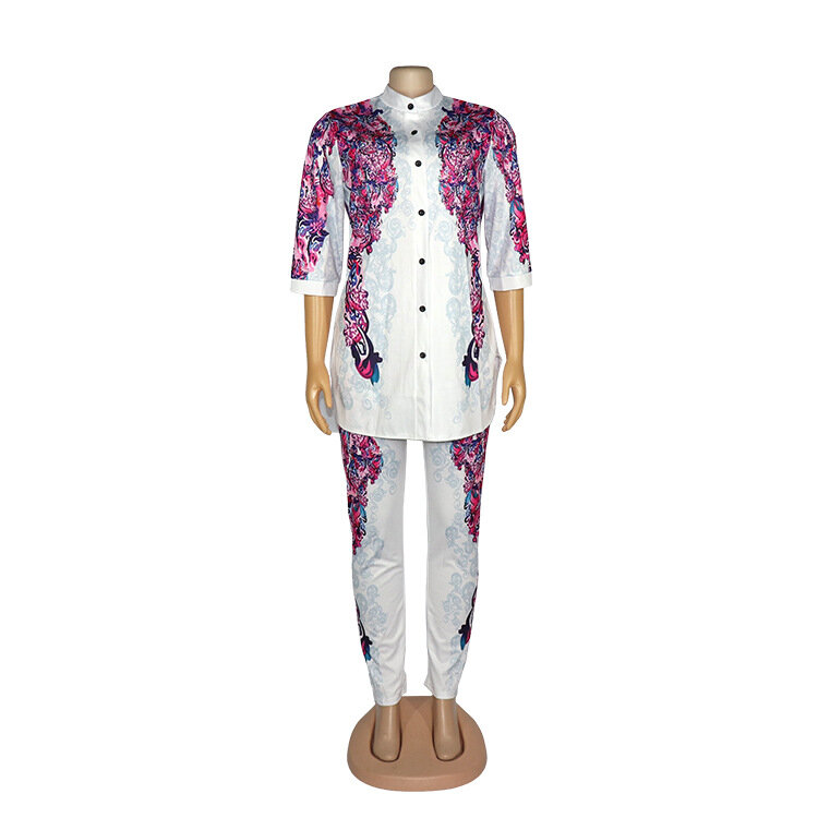 طقم ملابس نسائية من pyama قميص أبيض بأزرار أكمام 3/4 + بنطلون رياضي مطبوع طقم صالة فرقة نسائية أفريقية
