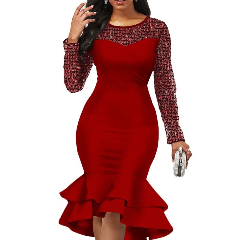 فساتين أفريقية للنساء 2019 فستان أفريقي جديد ملابس أفريقية Dashiki الاسلوب المناسب الترتر الأحمر ذيل السمكة تنورة فساتين أنقرة