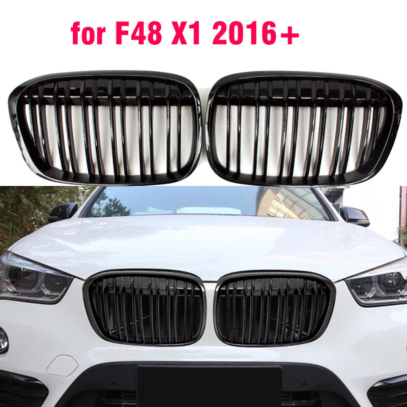 مصد أمامي لامع أسود شبكة شواء الكلى لسيارات BMW X1 F48 F49 2016 2017 2018 2019 2020 XDrive Double Line M Style