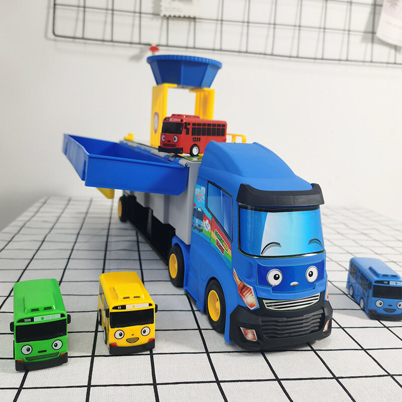 الكرتون تايوس ليتل حافلة الحاويات شاحنة صندوق تخزين موقف للسيارات مع 3 التراجع سيارات لعب صغيرة للأطفال هدايا عيد