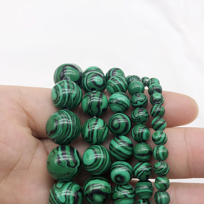 خرز دائري من حجر الملكيت الأخضر الطبيعي ، لصنع المجوهرات ، حبلا 15 بوصة ، 4 6 8 10 12 14 مللي متر ، بالجملة