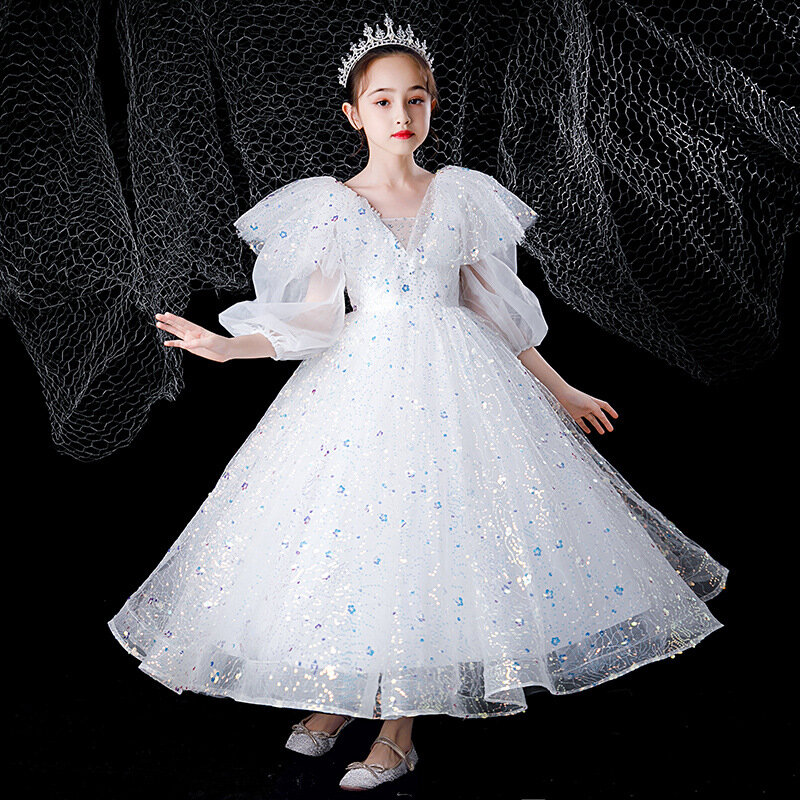 فستان الأميرات الأنيق الرائع الأكثر مبيعًا لحفلات أعياد الميلاد للأطفال من القماش الشبكي الأبيض المتأنق فستان مطرز بالترتر ملابس