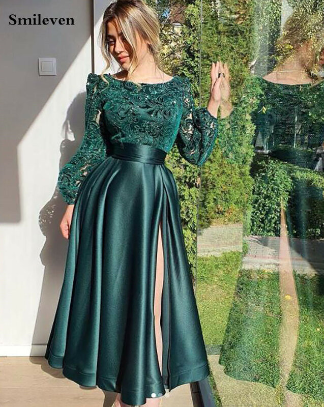 فستان سهرة رسمي بأكمام كبيرة من الدانتيل باللون الأخضر من Smileven hungo فستان للحفلات الراقصة مصنوع حسب الطلب