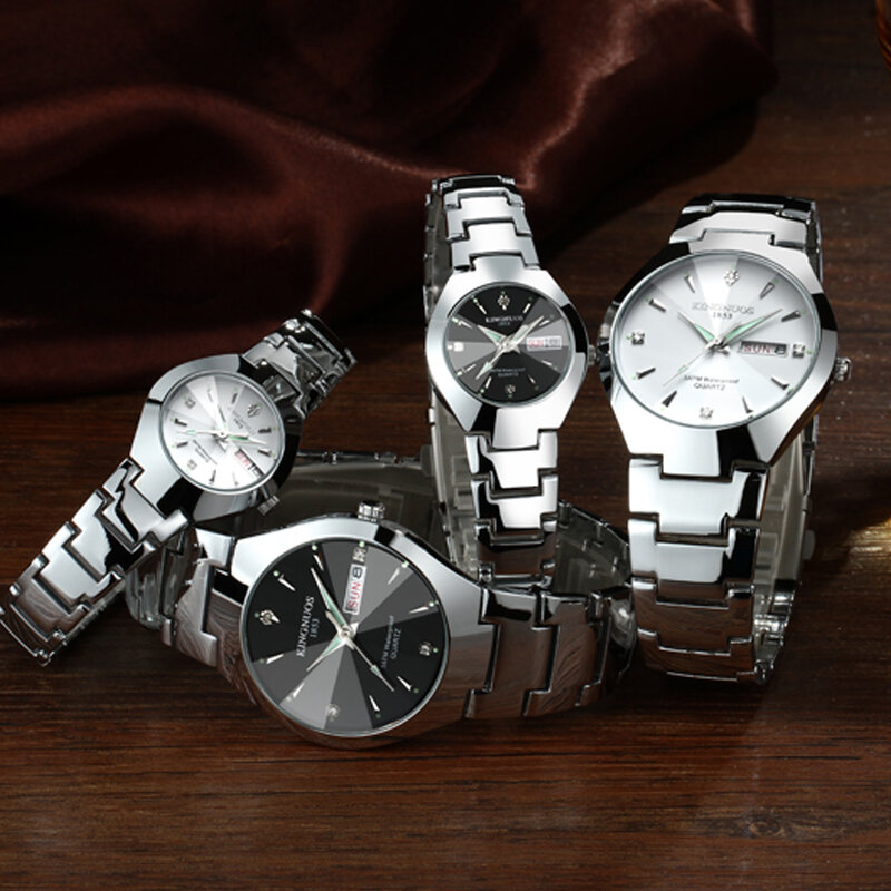 التصميم الكلاسيكي ساعات الزوجين لعشاق الموضة ساعة يد نسائية عادية مقاوم للماء التنغستن الصلب القهوة ساعة كوارتز ذهب الرجال
