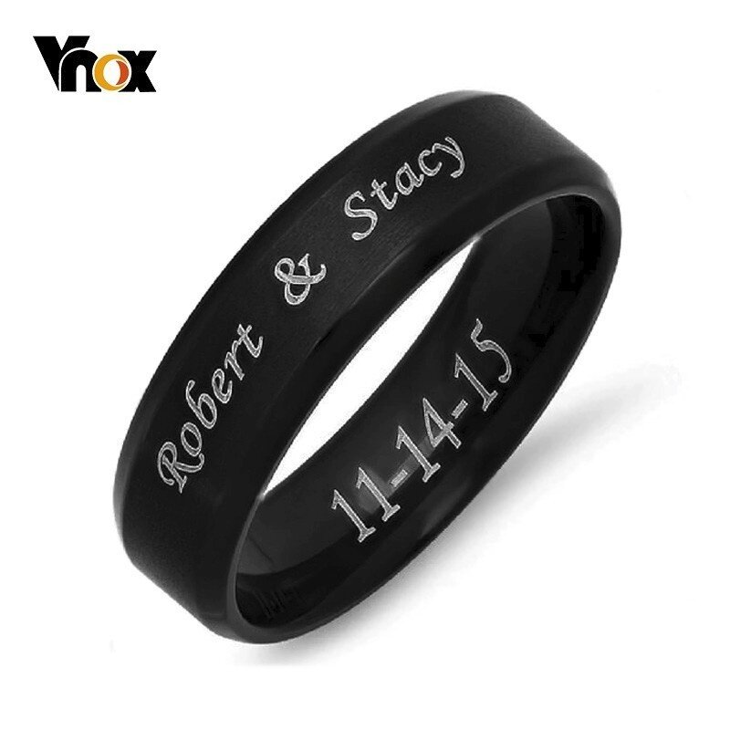 Vnox-تخصيص خاتم مركز الفولاذ المقاوم للصدأ للرجال والنساء ، خاتم زفاف أسود ، حافة مشطوف ، اسم مخصص ، رسالة ، تاريخ