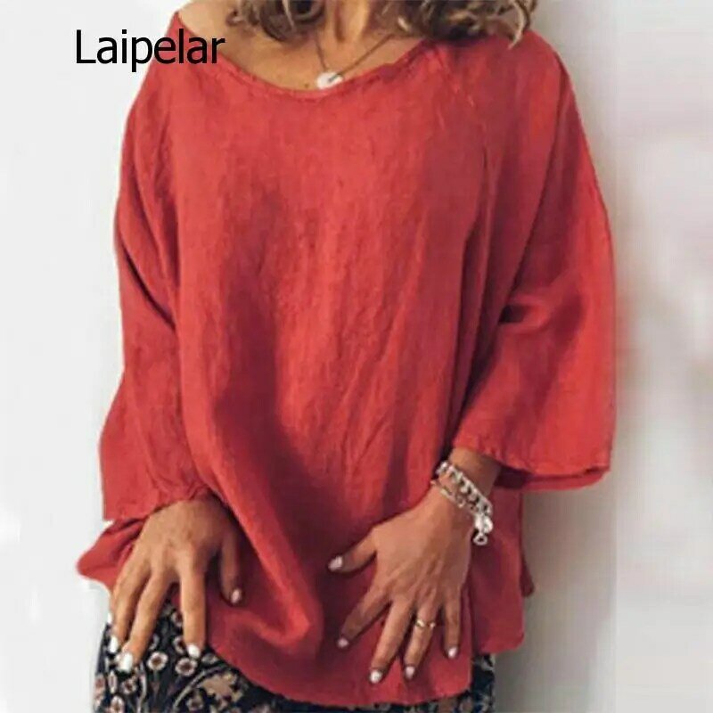 قميص صيفي عصري للنساء بأكمام طويلة بلوزة من القطن والكتان بلوزة نسائية أساسية رداء علوي فضفاض قميص تونيك 5XL
