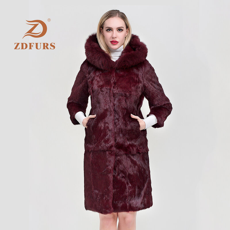 ZDFURS * 2019 موضة معطف الفرو الحقيقي المرأة كم كامل موجة قطع حقيقية الأرنب الفراء الدافئة الشتاء معاطف وسترات مع هود الثعلب