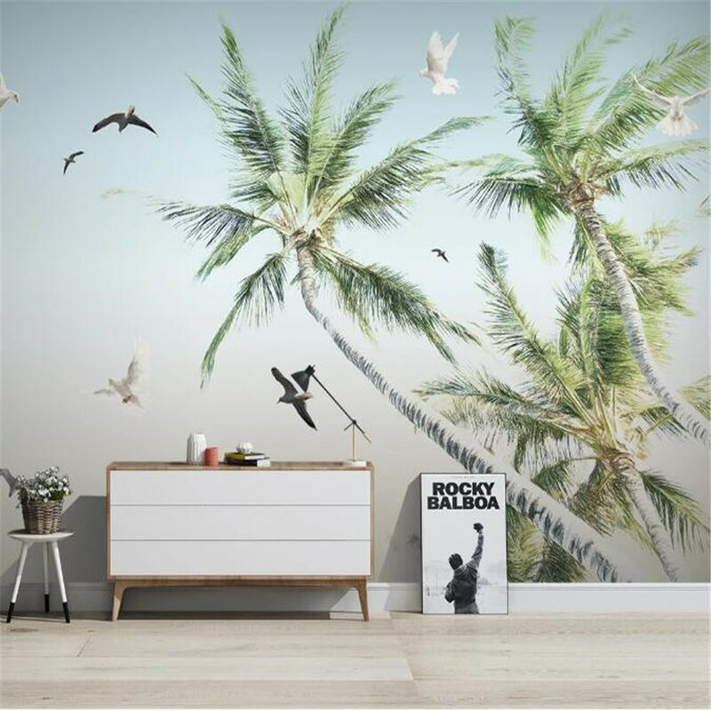 Milofi المهنية ثلاثية الأبعاد خلفية كبيرة جدارية رسمت باليد شجرة جوز الهند شاطئ البحر الحديثة الحد الأدنى التلفزيون خلفية جدار جدارية