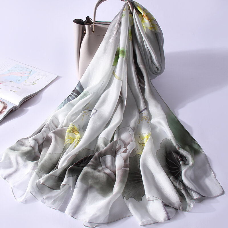 طويل الحرير وشاح للرقبة المرأة الصينية نمط المطبوعة شالات و يلتف الحرير الطبيعي فولارد فام Bufanda كبير الحجاب 110X190CM