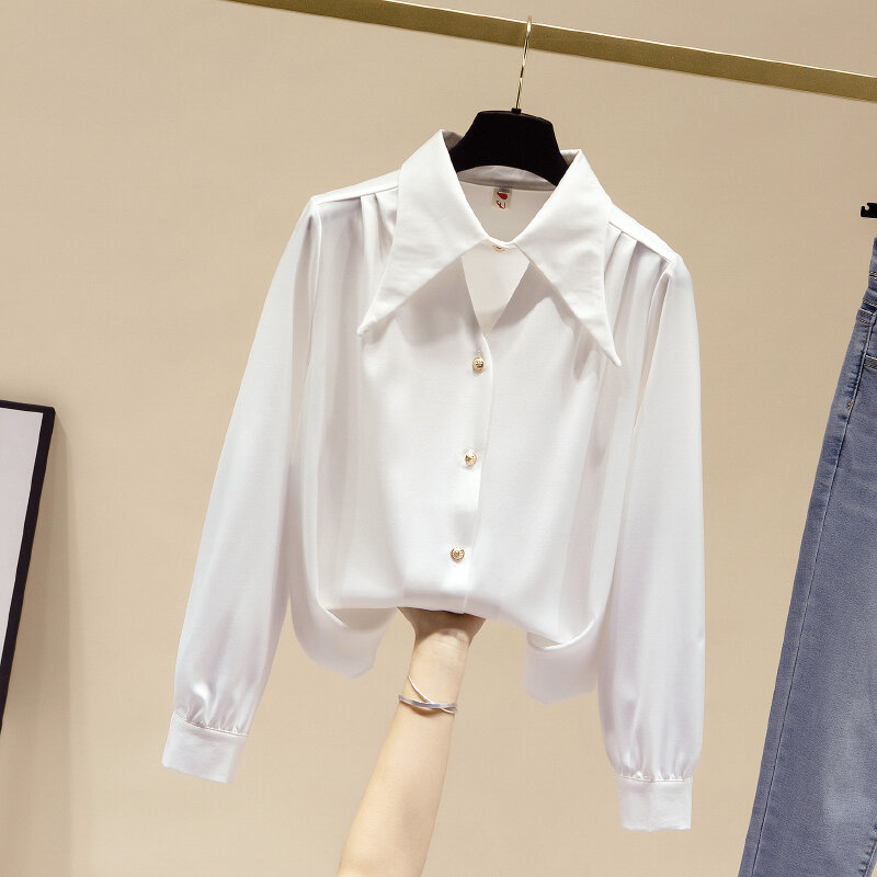 قميص شيفون حريري نسائي ، بلوزة بأزرار ، ياقة على شكل v ، زينة طية صدر السترة ، أكمام منتفخة ، لون نقي ، ربيع 2021