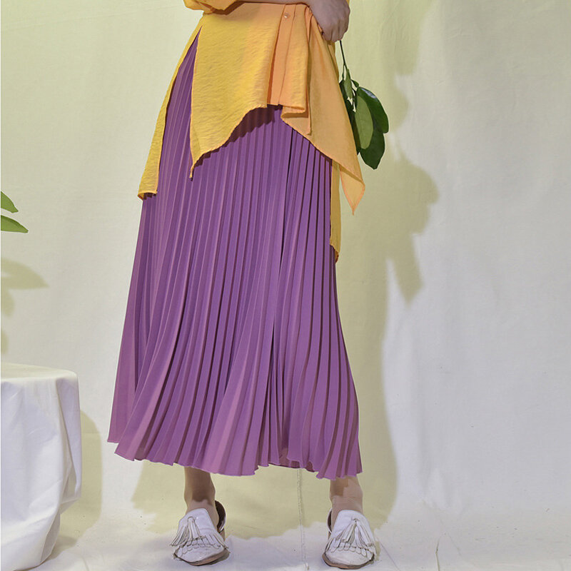 تنورة طويلة كلاسيكية ذات ثنيات ميدي للنساء موضة كورية تنورة شيفون عالية الخصر غير رسمية Jupe Faldas 18 لون خريف 2022 SK397