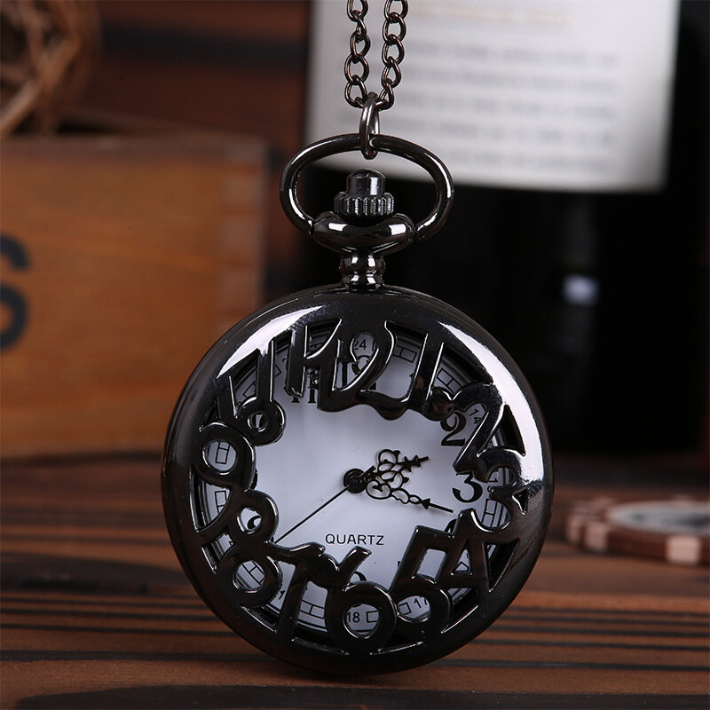 ساعة جيب كوارتز ، عتيقة ، تصميم إبداعي ، أسود ، مع سلسلة عقد ، موضة عربية كبيرة ، 8825