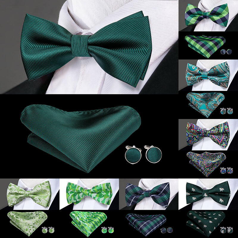 Hi-Tie-ربطة عنق حرير خضراء للرجال ، أزرار أكمام منقطة ، لحفلات الزفاف والحفلات